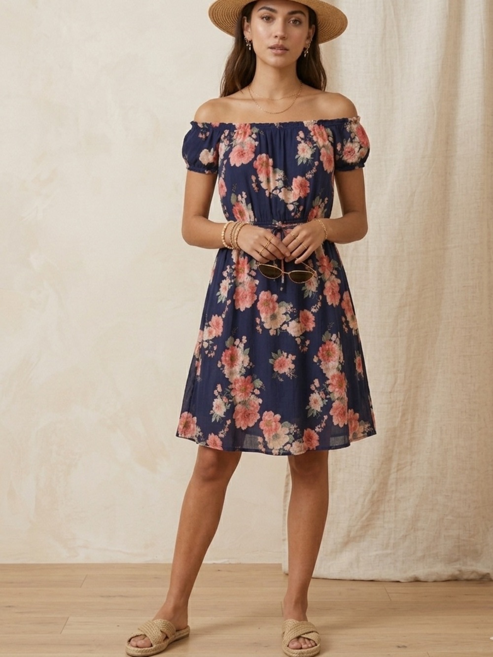 Feelib Navy Floral Off-Shoulder Tie-Waist Mini Dress